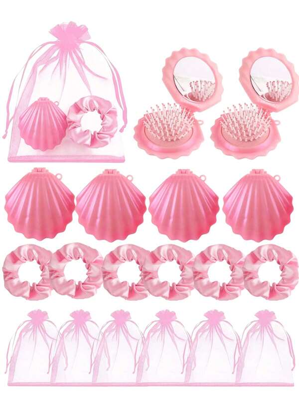 18pcs (Includes 6 Mirrors, 6 Hair Ties, 6 Organza Bags) Set Pearl White Shell Folding Mirror Hair Comb Set, Suitable For Salon Hair Products And Accessories, Bathroom Set, Wedding, Fall Style, Christmas Home Decor, Makeup Party (9pcs/3pcs Set)