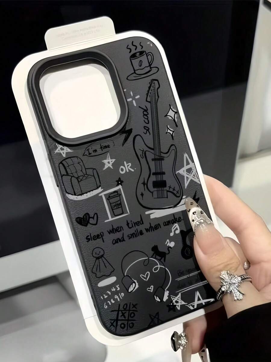 1件裝黑色啞光極簡個性化吉他塗鴉圖案手機殼,適用於 iPhone 16 Pro Max/17/16/15/14 Plus/13/12/11,保護殼 Air - 彩色 - 查看 1