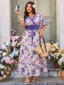 Plus Size Women's Short Sleeve Bell Sleeve Printed Maxi Dress, Contrast Color Collar Design With Front Tie - Multicolor - View 1