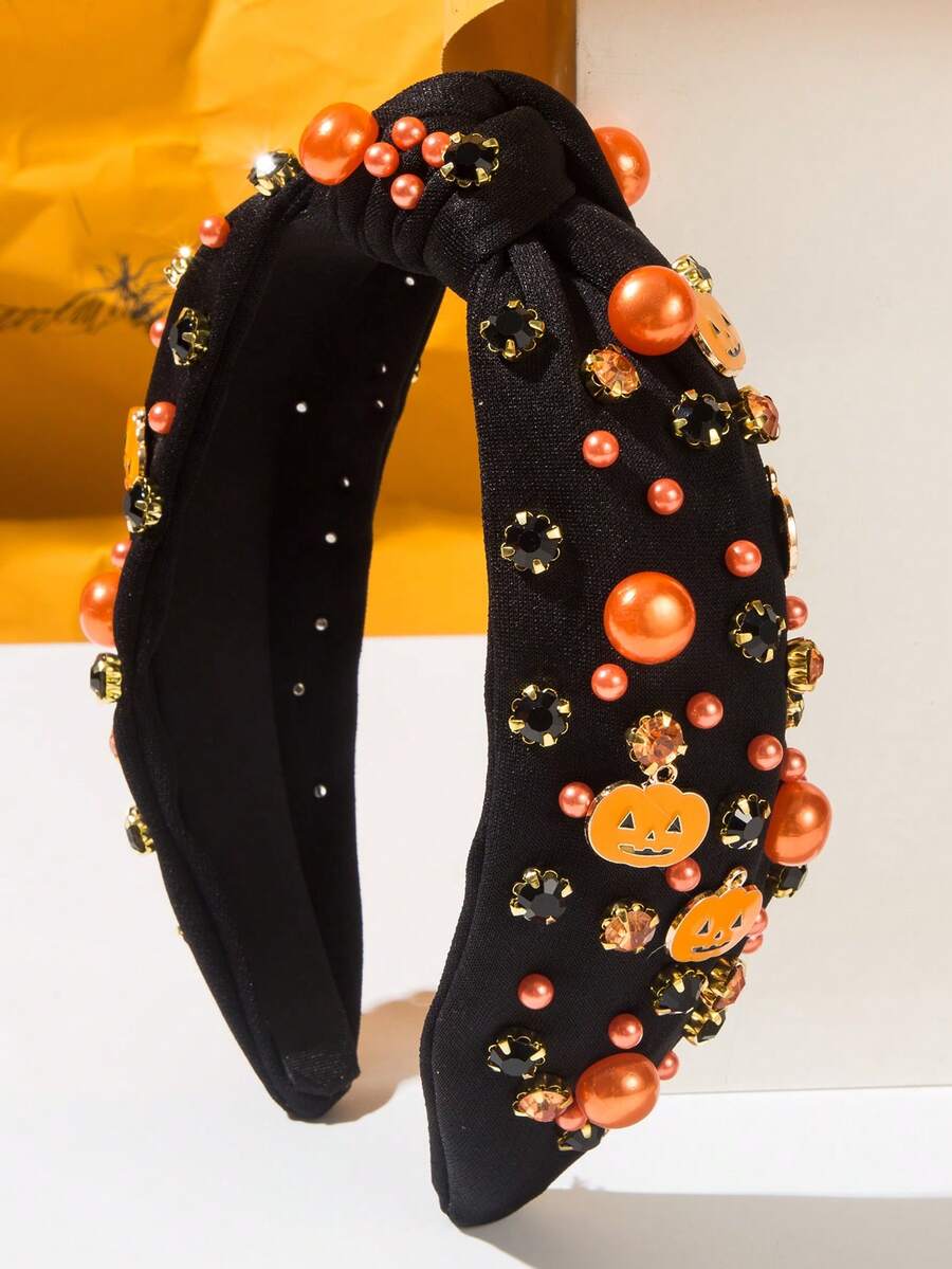 1件萬聖節元素髮箍 純色寶石橘色珍珠南瓜飾品 打結寬版髮箍 適合女性派對節日配件 頭飾