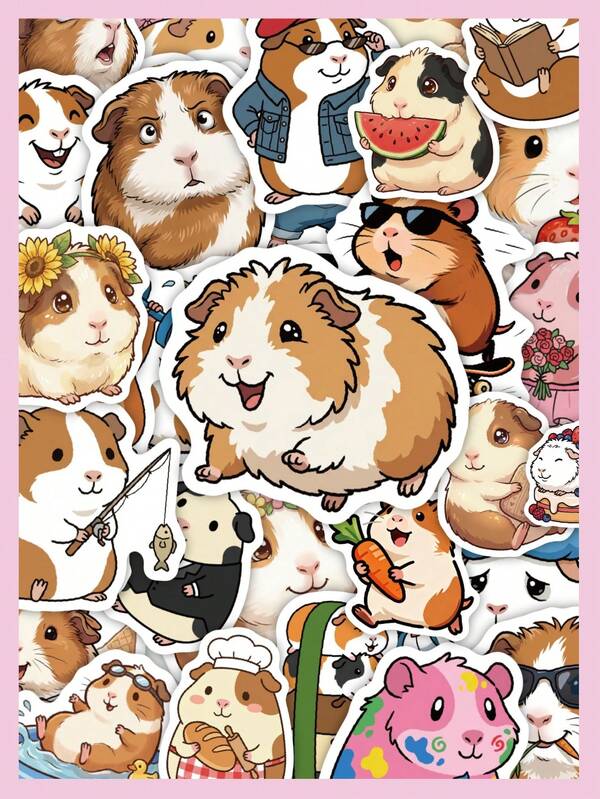 50Pcs Kawaii Funny Guinea Pig Stickers, Cartoon Pet, Guitar, Lollipop, Astronaut, Pirate Decals, Waterproof Vinyl Stickers For Water Bottle, Notebook, Phone Case, Luggage, Scrapbook DIY Decor