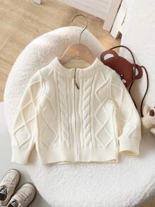 Infant Boys & Girls Minimalist Vintage Cable Knit Diamond Pattern Round Neck Zip-Up Cardigan Long Sleeve Sweater Knit Jacket Casual Versatile For Daily Wear School Spring Autumn Winter - Apricot - View 1