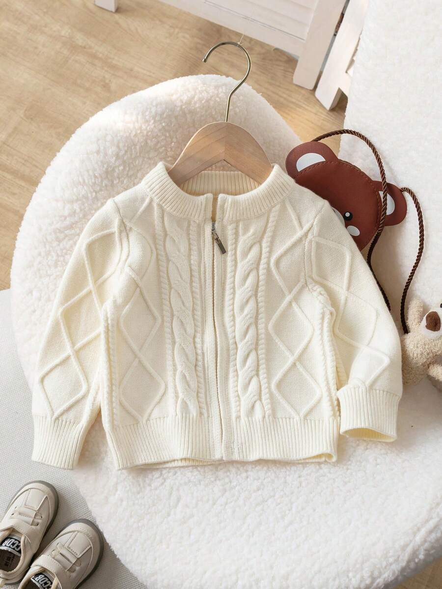 Infant Boys & Girls Minimalist Vintage Cable Knit Diamond Pattern Round Neck Zip-Up Cardigan Long Sleeve Sweater Knit Jacket Casual Versatile For Daily Wear School Spring Autumn Winter - Apricot - View 1