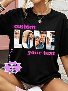 Customized LOVE Photo T-Shirt, Personalized Printing Of Your Photos And Text. Ideal Gift For Mother's Day, Valentine's Day, Anniversary, Birthday. - Black - View 3