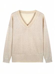 Plus Size Women Solid Color V-Neck Drop Shoulder Long Sleeve Casual Loose Knit Sweater, Autumn/Winter Fall - Light Yellow - View 4