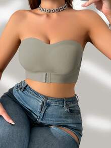 Grey Ribbed Front-Closure Bandeau Bra, Bandeau Top With Front Hook-And-Eye Closure, Removable Pads - Grey - View 4