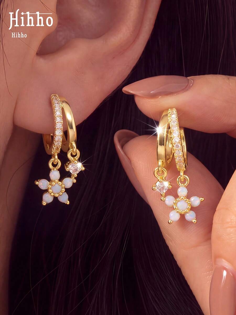 Hihho 2 piezas/Set Pendientes de estilo suave y atmósfera premium para mujer, adecuados para uso diario, citas y fiestas - flor - Ver 1