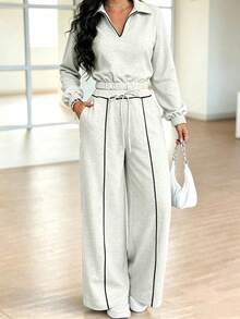 RNU Women's Light Gray Lapel Half-Zip Sweatshirt 2 Pieces Set, Autumn/Winter Style, Cropped Waist Top With Contrast Color Drawstring Wide Leg Pants, Side Pockets Design, Loose Lantern Sleeves, Casual American Style, Comfortable For Daily Wear, Shopping And Home - Light Grey - View 5