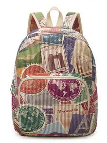 1 Piece Backpack, Women's Mini Backpack, Corduroy Girl's School Bag, Travel Storage Bag, Fun‑Printed Design, Large‑Capacity Foldable Easy‑To‑Store Bag, Lightweight And Pressure‑Relieving, Multi‑Pocket Layered Design With Zipper Closure - Stamp 3333742 - View 5