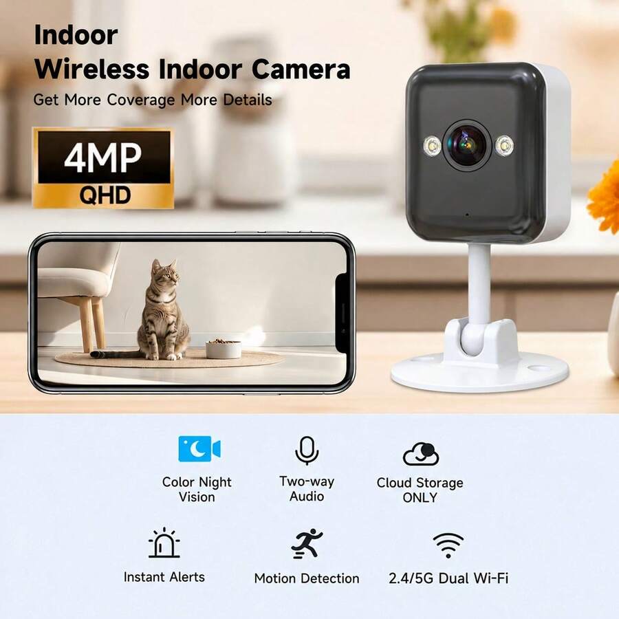 JOOAN 4MP Indoor Home Security Camera CAM720 APP Bluetooth WiFi AP Network Configuration Electronic Zoom Full Color Night Vision Monitoring Camera, Supports SD Card Cloud Storage, For Home Care - Black and White - View 1