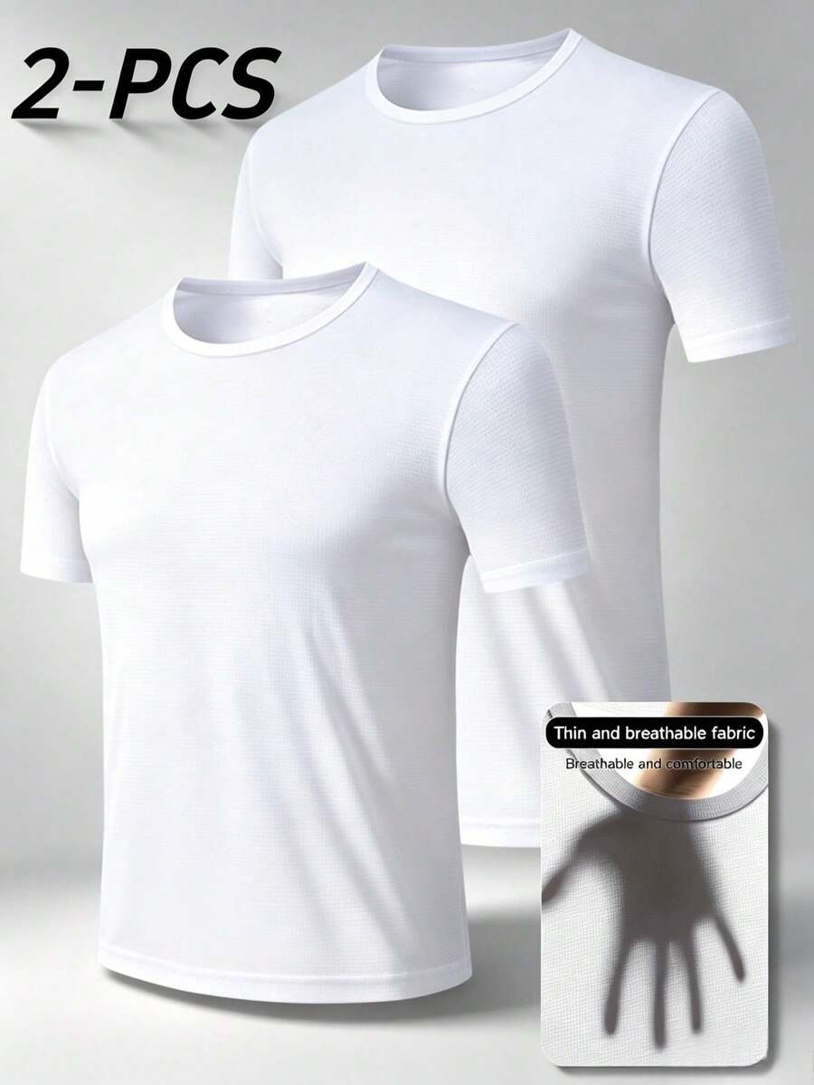 2pcs Men's Solid Color Crew Neck Short Sleeve T-Shirts, Casual Fashion Home Wear For Spring, Summer, Autumn, Suitable For Casual Wear, Daily Activities, Fitness - Multicolor - View 1