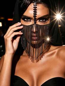 Black Mysterious Face Jewelry Accessory Long Tassel Mask Cosplay Decoration Elegant Women - Black - View 2