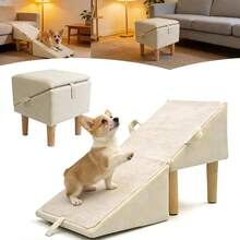 Split Ottoman Dog Ramp Couch And Low Bed, 2 - In - 1 Foldable Dog Stairs Small Dogs And Cats, Wooden Pet Ramp With Non - Slip Surface, Portable Step Stool Design, - Off White - View 2