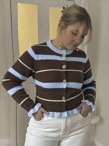 Plus Size Women's Autumn Outfit, Elegant Ruffle Trim Multi-Color Long Sleeve Button-Up Cardigan Striped Knit Sweater, Suitable For Outings And Commuting - Multicolor - View 6