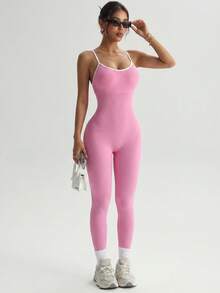 Women's Seamless Yoga-Style Jumpsuit With Built-In Chest Pads, Pink Ribbed Fabric, Criss-Cross Deep V-Neck Hollow Design, Suitable For Daily Wear - Pink - View 7