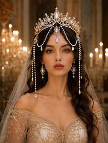 Bridal Crown Headband Luxury Gold Pearl Rhinestone Forehead Chain Tassel Vintage Royal Princess Wedding Headpiece For Prom Pageant Party - Multicolor - View 4