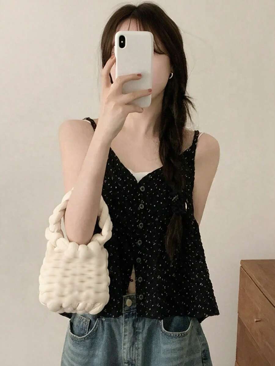 Chic Backless V-Neck Single-Breasted Ditsy Floral Camisole, No Lining Casual Black Summer - Black - View 1