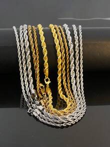 Kalung Rantai Tali Pilin 3/4/5mm Panjang 22 Inci, Set 3 Buah, Rantai Polos Tali Pilin Dua Warna Emas & Perak, Rantai Polos Dasar Hip Hop, Dapat Digantung Liontin, Aksesori Pakaian Sehari-hari Streetwear Unisex - Set rantai pilin 3.4.5mm - View 4