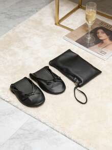 Sepatu Balet Lipat Portabel Datar Hitam Wanita - Hitam - View 2