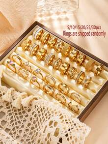 Koleksi Cincin Acak Berlapis Emas 18K Stainless Steel 5/10/15/20/25/30pcs, Cincin Jari Telunjuk Desain Lebar dengan Hiasan Berlian Imitasi Bentuk Hati, Huruf Romawi, dan Bentuk Oval dengan Desain Tetesan Air Matte yang Modis dan Indah, Cocok untuk Pemakaian Sehari-hari dan Hadiah Liburan Unisex - Emas - View 1
