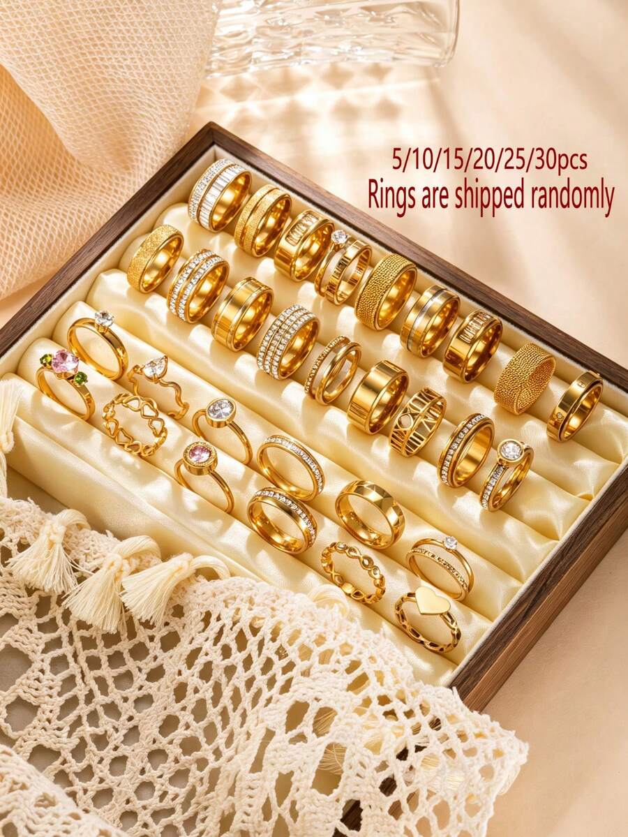 Koleksi Cincin Acak Berlapis Emas 18K Stainless Steel 5/10/15/20/25/30pcs, Cincin Jari Telunjuk Desain Lebar dengan Hiasan Berlian Imitasi Bentuk Hati, Huruf Romawi, dan Bentuk Oval dengan Desain Tetesan Air Matte yang Modis dan Indah, Cocok untuk Pemakaian Sehari-hari dan Hadiah Liburan Unisex - Emas - View 1
