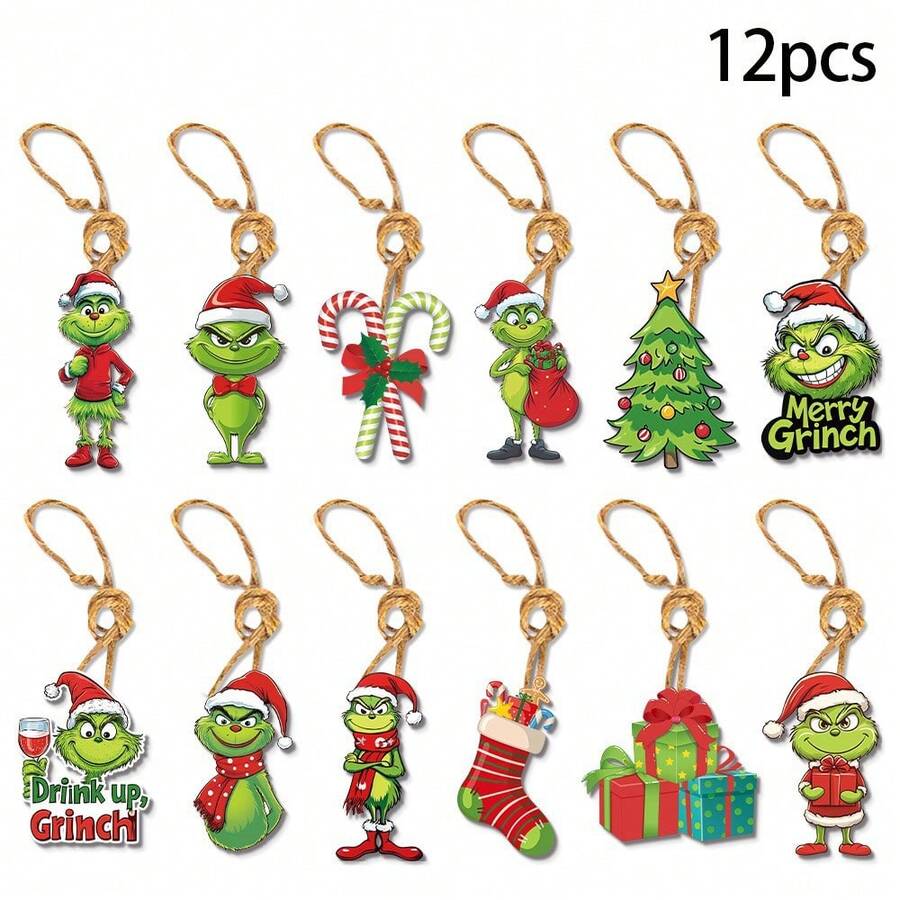 The Grinch 36pc Cross-Border The New Christmas Party Wooden Flat Gift Hanging Ornaments Christmas Tree Decor - Multiple Styles - View 1