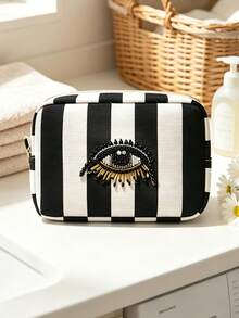 Evil Eye Striped Embroidered Makeup Bag, Bohemian Style Makeup Bag, Portable Makeup Bag, Makeup Storage Bag, Storage Bag, Toiletry Bag, Zipper Closure, Decorative Embroidery, Storage Organization, Large Capacity, Easy To Carry, Daily Storage, Travel And Business Trips - Multicolor - View 1