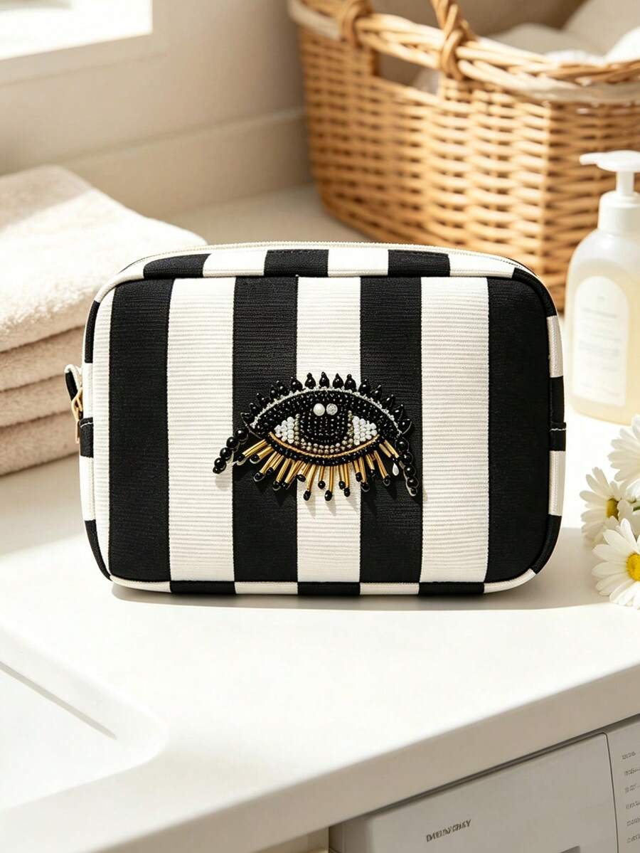 Evil Eye Striped Embroidered Makeup Bag, Bohemian Style Makeup Bag, Portable Makeup Bag, Makeup Storage Bag, Storage Bag, Toiletry Bag, Zipper Closure, Decorative Embroidery, Storage Organization, Large Capacity, Easy To Carry, Daily Storage, Travel And Business Trips - Multicolor - View 1