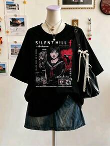 Silent Hill F Horror Game Shimizu Hinako Graphic T‑Shirt Unisex Oversized Crew Neck Pure Cotton Y2K Dark Gothic Retro Tee For Gamer Street Casual Outf - Black - View 1