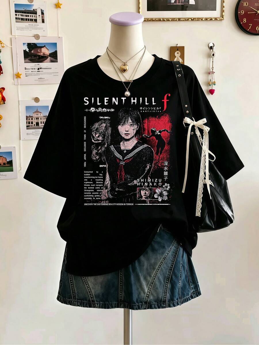 Silent Hill F Horror Game Shimizu Hinako Graphic T‑Shirt Unisex Oversized Crew Neck Pure Cotton Y2K Dark Gothic Retro Tee For Gamer Street Casual Outf - Black - View 1