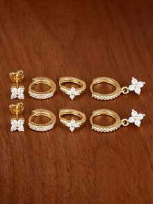 Juego de 8 piezas de pendientes de aro con flor de circonita exquisita para mujer, chapados en oro de 18K, flor de cuatro pétalos, regalo de joyería para compromiso y cumpleaños - 8 uds.-Oro 1 - Ver 3