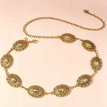 Cinturón de cadena para la cintura de mujer, hebilla tallada vintage bohemia, cadena de metal texturizado negro, estilo occidental para jeans, talla grande, playa - Dorado - Ver 3