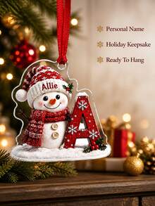 1pc Custom Text Snowman With Initial Letter Christmas Hanging Ornament, Knit Hat Scarf Snowman, Snowflake Holly Berry Decor, Personalized Custom Name, Christmas Tree Ornament, Christmas Gift, Custom Souvenir Gift For Family Friends - Multicolor - View 6