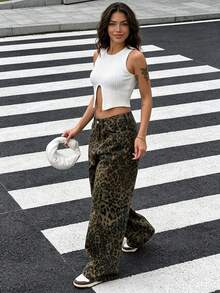 American Street Style Leopard Print Straight Leg Casual Cargo Pants - Multicolor - View 5