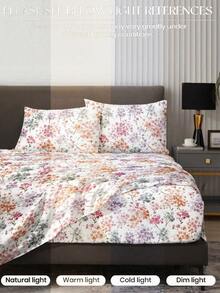 4pcs/Set White Pink Purple Gradient Hydrangea Branch Pattern Bedding Set Easy Care Soft Bedding Set (1pc Flat Sheet + 1pc Fitted Sheet + 2pcs Pillowcases) Fitted Sheet Suitable For King, Queen, Full And Twin Size Beds Pillowcase Depth 11.8 Inches Soft Breathable Wrinkle-Resistant - Multicolor - View 6