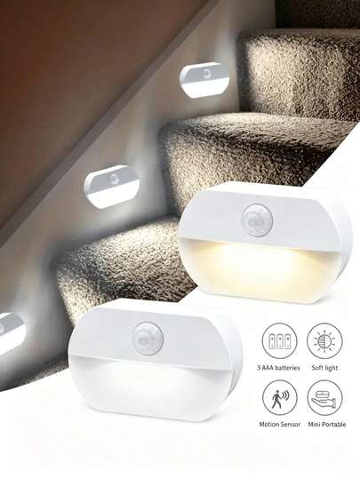 1/2 piezas Luz nocturna con sensor de movimiento LED, alimentada por batería, luz de inducción de Body humano para dormitorio, armario, pasillo, escaleras, baño (Batería no incluida)