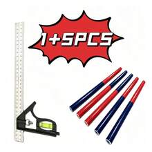 5pcs Dual Color Carpenter Pencils + Stainless Steel Adjustable Combination Square Set, With Level, Suitable For Woodworking Cutting, Home Decor, Bricklaying, Mechanical Machining Marking Positioning And Verticality Detection - A - View 10