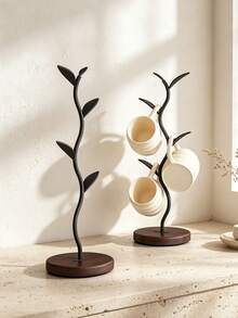 1Pc Black Leaf‑Shaped Tabletop Display Stand, Minimalist Farmhouse Style Wood Material Curved Twig Shape Multi‑Hook Leaf Design Multifunctional Mug Jewelry Holder For Kitchen Home Decor Daily All‑Season Use - Multicolor - View 3