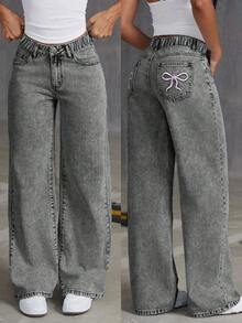Tween Girls' Oversized Casual Comfortable Bow Embroidered Straight Leg Wide Leg Jeans - Grey - View 2