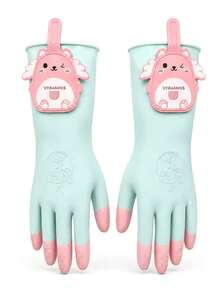 Cute Cartoon Bear Housework Gloves, Reusable Hanging Cleaning Gloves, Cute Cartoon Multi-Color, Anti-Slip Particles, Soft Breathable Fit, Dishwashing Laundry Bathroom Cleaning, Multi-Scenario Universal, Suitable For Dishwashing And Laundry - Multicolor - View 2