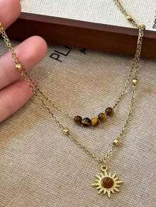 QTHOPE Kalung Bunga Matahari Emas Vintage dengan Batu Mata Harimau untuk Wanita, Desain Niche Rantai Sweater Berlapis, Aksesori Rantai Tulang Selangka Musim Gugur/Dingin - matahari - View 4