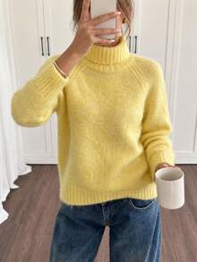 Women's Cream Yellow High Neck Ribbed Pullover, Mohair Loose Drop Shoulder Style, Comfortable Long Sleeve Autumn/Winter Layering, Halloween Christmas Y2K Style - Pale Yellow - View 4