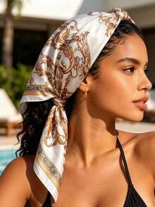 1pc Luxurious 35.4-Inch Square Scarf, Four Season Style Printed Neckerchief Shawl, Ladies Square Headscarf For Dress, Beach, Holiday - Cashew Black - View 17