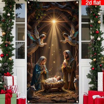 1 Stück Winter-Weihnachts-Banner mit Engelsstatuen, Goldakzenten und Weihnachtsszenen-Design; geeignet für Weihnachtspartys, Winter-Themenveranstaltungen, Innen- und Außendekoration sowie Verandadekor für Neujahrs-Familientreffen.