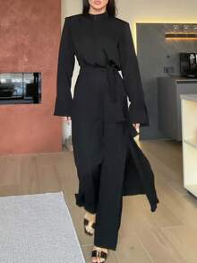 Women's Casual Elegant Round Neck Long Sleeve Button-Front Top + Loose Wide Leg Pants + Long Apron 3-Piece Set, Solid Color Front Button Tie Closure, Commute Daily Date - Black - View 6