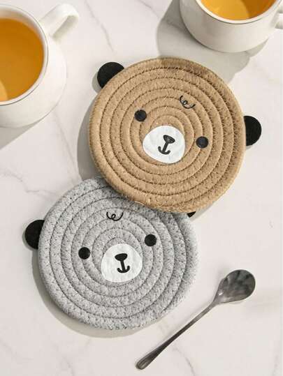 1pc Cute Bear Shaped Cotton Rope Woven Coaster, Heat Resistant Non-Slip Drink Mat, Cartoon Animal Coffee Cup Pad, Aesthetic Desktop Decor, Christmas Halloween Thanksgiving Holiday Gift, Warm Home Kitchen Restaurant Decoration