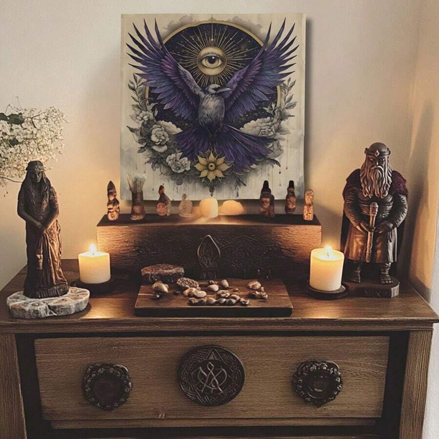 1pc Raven All‑Seeing Eye Tarot Cloth, Vintage Gothic Floral Altar Tablecloth, Mystic Crow Divination Mat, Witchy Occult Spiritual Home Decor Tapestry - Multicolor - View 1