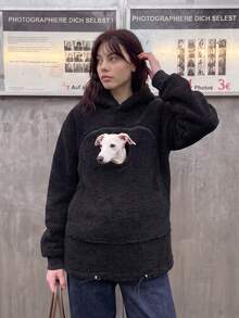 寵物飼主必備 女款休閒抓絨口袋寬鬆連帽衛衣 秋冬適穿 寵物友善 秋冬服飾 秋冬穿搭 戶外穿著 - 黑色 - 查看 6