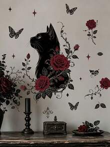 1pc Gothic Black Cat And Red Rose Wall Sticker, Dark Floral And Moon Butterfly Wall Decal, Removable Vinyl Decor For Bedroom And Living Room - D - View 4