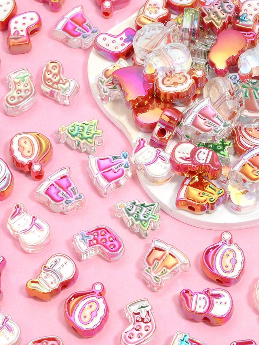5pcs Acrylic Colorful Oil Drip Christmas Cartoon Bell Snowman Beads DIY Phone Chain Backpack Decoration Accessories Material - Multi-color Plated Christmas Beads - View 1